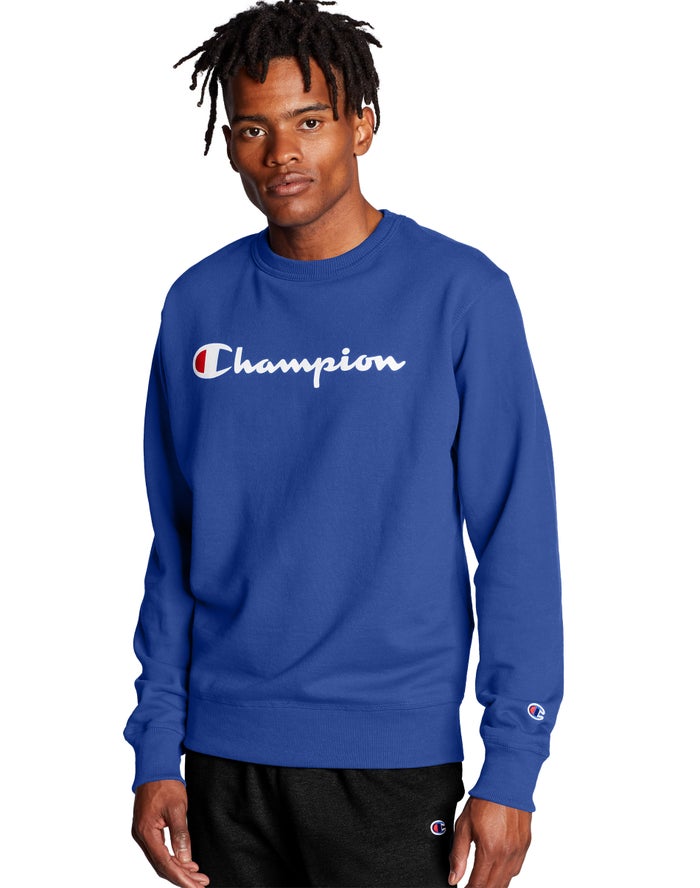 Champion Powerblend Fleece Crew Script Logo Erkek Sweatshirt Mavi ( XYFOTC471 )